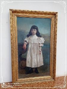 Starožitný dřevěný zdobený obraz olejomalba portrét dívky  