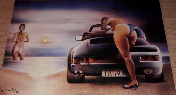 pohlednice žena na Porsche