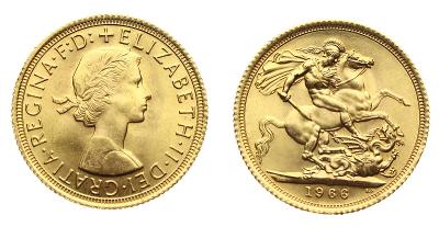 Anglie, 1 Libra, 1966, zlatá mince, stav -0/0-