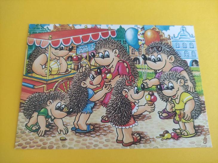pohlednice dětská kreslená - Ze života ježků, ježci, ježečci  Haberman