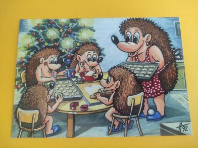 pohlednice dětská kreslená - Ze života ježků, ježci, ježečci  Haberman