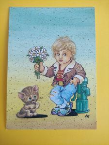 pohlednice dětská kreslená - Haberman - kotě, kluk, kytice