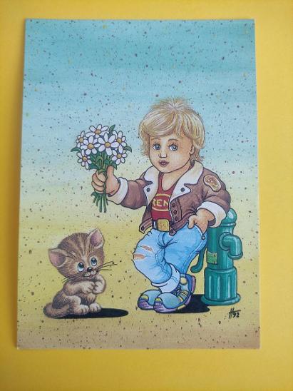 pohlednice dětská kreslená - Haberman - kotě, kluk, kytice - Sběratelství
