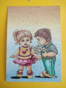 pohlednice dětská kreslená - Haberman - holčička, kytka, kluk, chlapec