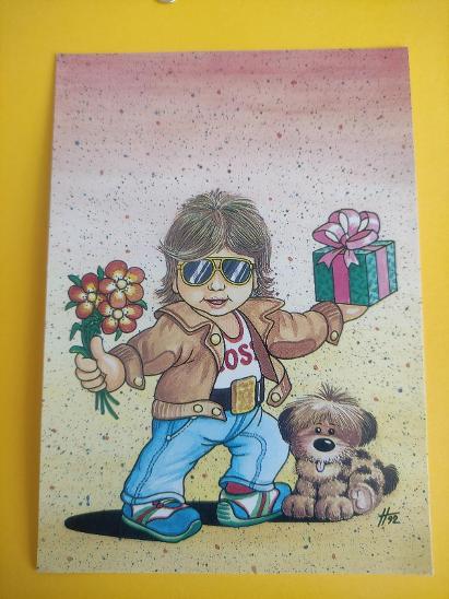 pohlednice dětská kreslená - Haberman -  kytka, chlapec, dárek, pes - Sběratelství