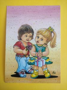 pohlednice dětská kreslená - Haberman - kytka, chlapec, dárek,holčička