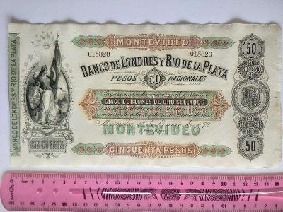 Uruguaj Banco de Londres a Rio de la Plata 50 Pesos 1872 STAV!