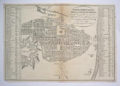 1822 mapa města Turín Torino Itálie 