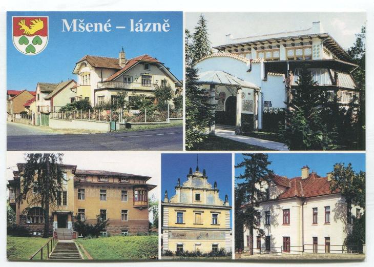 MŠENÉ-LÁZNĚ, Litoměřice-DVORANA, KYSELKA, zámek, radnice, pošta, erb - Pohlednice místopis