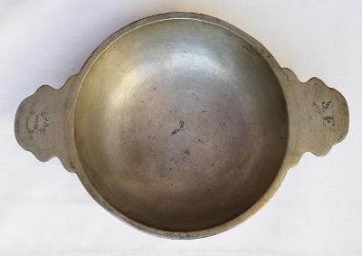 starý cínová miska s úchopy, značená, průměr 13,5 cm