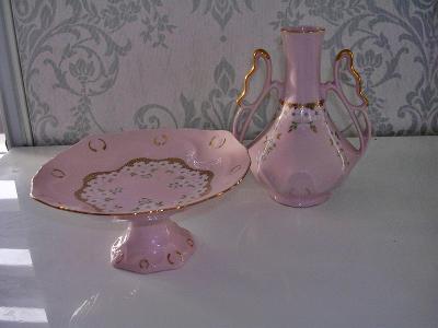 Růžový porcelán amfora, nástolec a stojan na svíčku