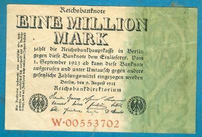 Německo 1 000 000 marek 9.8.1923 říšská tiskárna série W popsaná vzadu