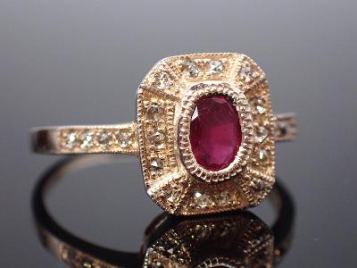 Art deco prsten rubín+ diamanty