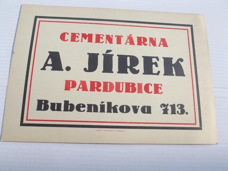 Stará reklama na tvrdém papíře Cementárna Jírek Pardubice  - Starožitnosti