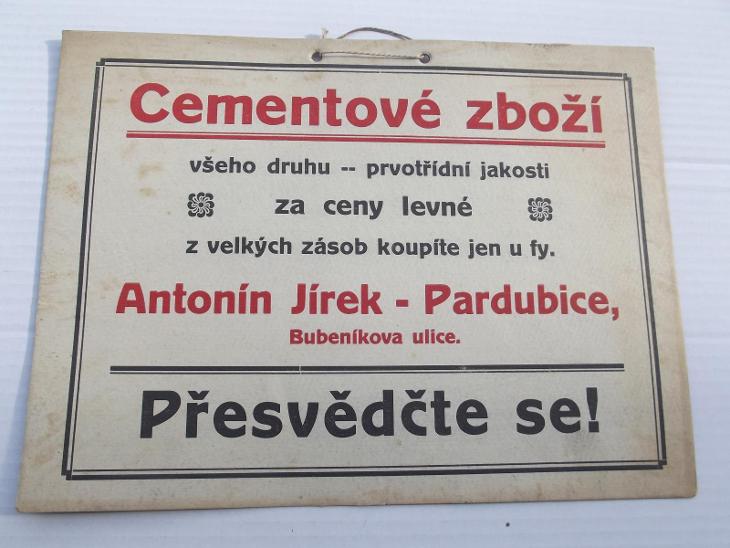 Stará reklama na kartonu Cementárna Jírek Pardubice  - Starožitnosti