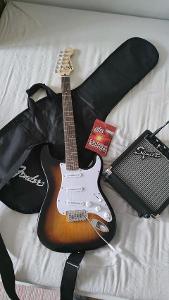 elektrická kytara, kombo, obal, popruh, nové struny Fender