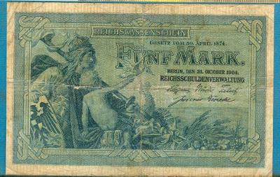 Německo 5 marek 31.10.1904 serie N, šestimístný číslovač