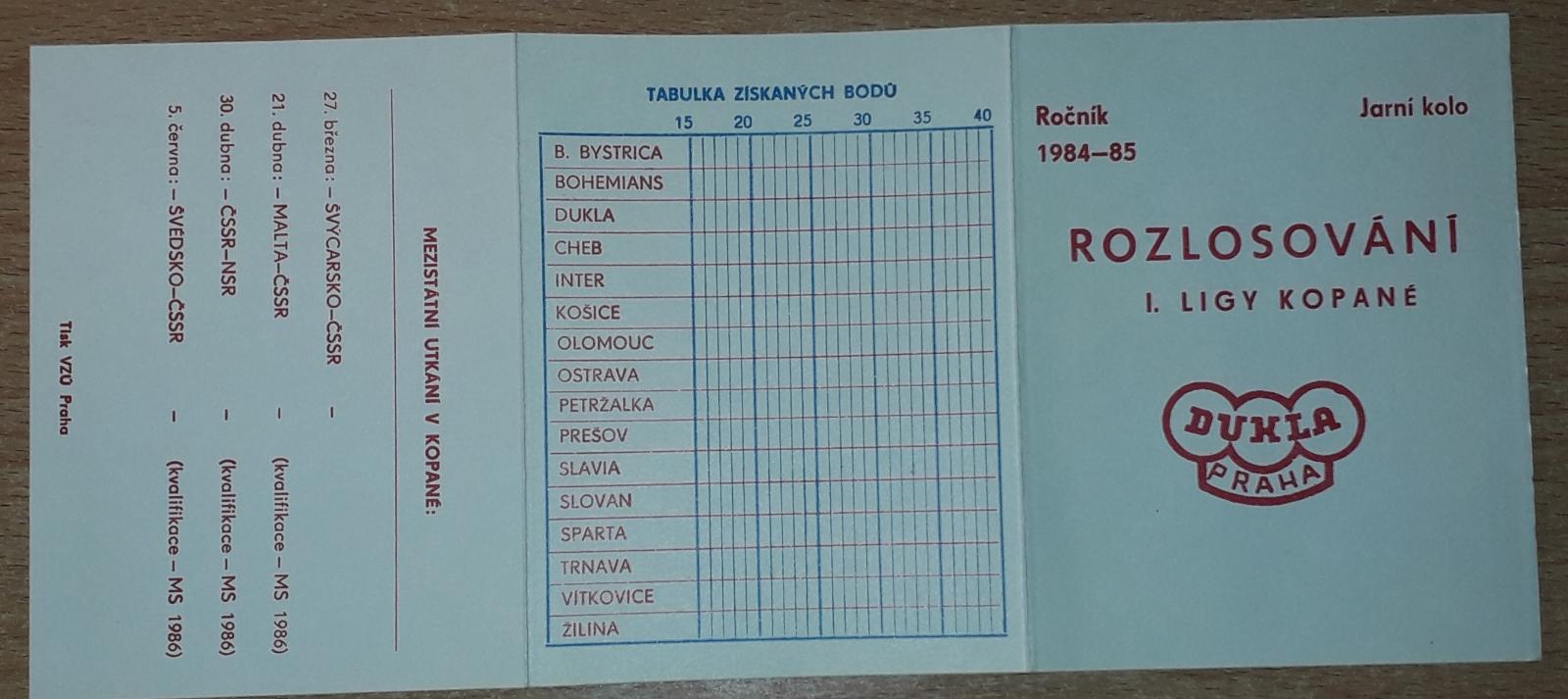 rozlosování I. ligy kopané Dukla Praha 1984-85 jarní kolo - Sběratelství
