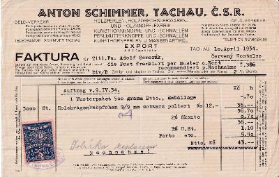 Účet dřevěné šperky A. Schimmer, Tachov 1934