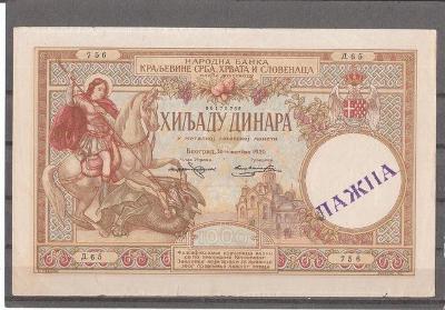 Jugoslávie - 1000 dinara r.1929 - krásné dobové FALZUM