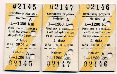Rychlíkový Příplatek 1979 ČSD jízdenka vlak Holešov A 3 ks