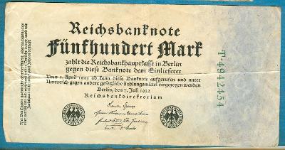 Německo 500 marek 7.7.1922 serie T sedmimístný číslovač