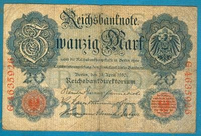 Německo 20 marek 21.4.1910 podtisk G serie G sedmimístný číslovač