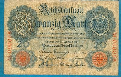 Německo 20 marek 19.2.1914 podtisk T serie M šestimístný číslovač