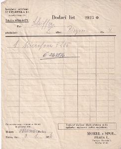 Účet, Dodací list, Instalační oddělení, Praha, 1936
