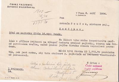 Účet, Vzájemná životní pojišťovna, Praha, 1934