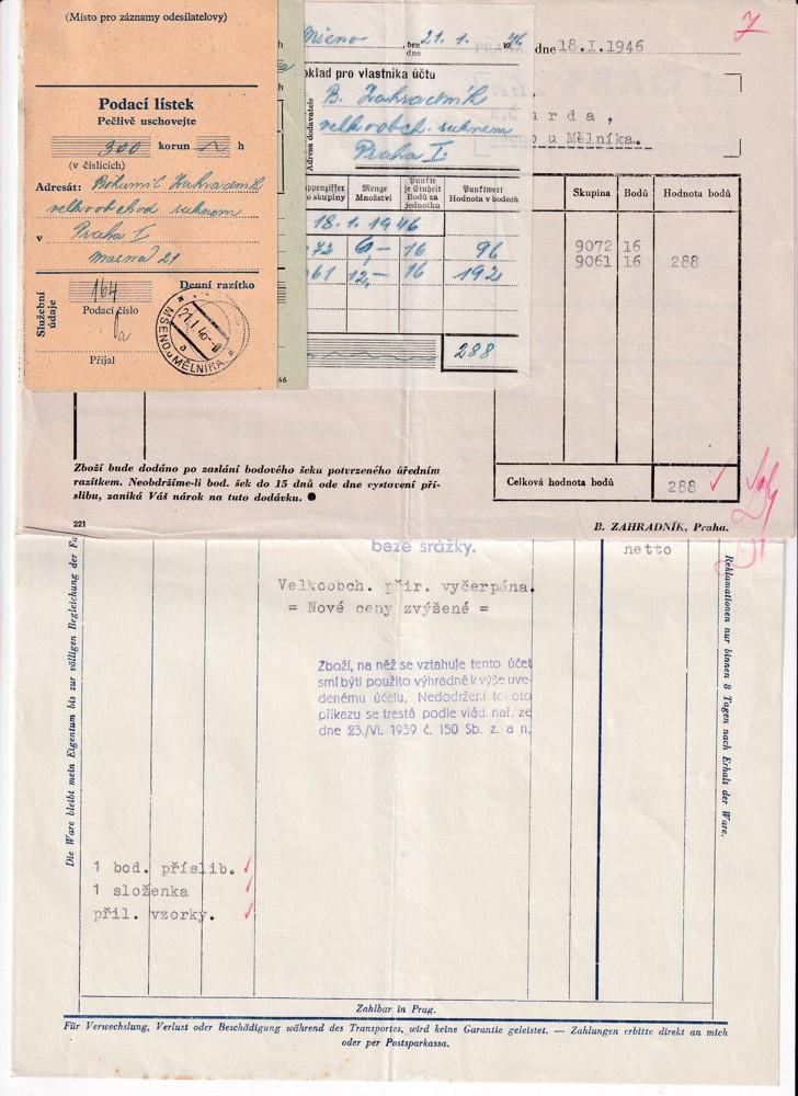 Účet, Veľkoobchod suknom a textilom, Praha, 1946 - Starožitnosti a umenie
