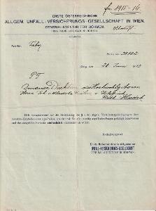 Účet, Všeobecné úrazové pojištění, Praha, 1913