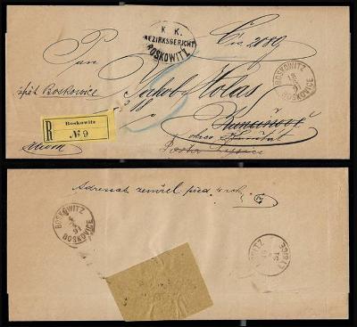 Skládaný R-dopis r. 1891 - Kunčinov, Kunčina Ves, Kunštát, Lysice, Bce