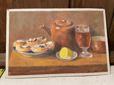 Retro obraz D. Helcelet, Snídaně s koláči a čajem, olej na plátně 1995
