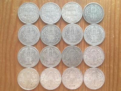 16 kusů stříbrných 1 korun, Rakousko Uhersko, každá mince jiná