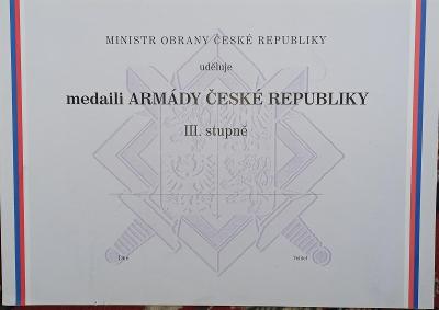 Dekret k vojenskému vyznamenání AČR - III. stupeň - armáda, vojsko