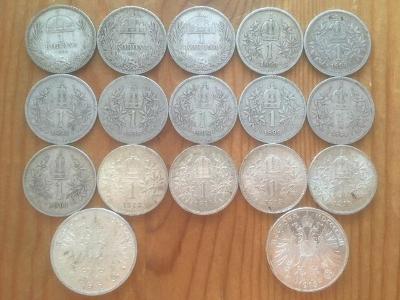 17 kusů stříbrných 1 a 2 korun, Rakousko Uhersko, každá mince jiná
