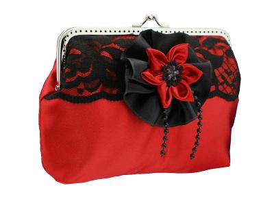 Dámská společenská kabelka červená saténová s krajkou handmade 