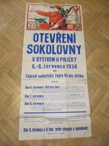 Plakát - Otevření Sokolovny 1934 - Bystré/ Polička - 139x 62cm