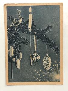 Stará vánoční pohlednice z roku 1947 - baňky - vánoční ozdoby