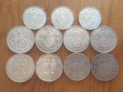 11 kusů stříbrných Německých 2 a 5 marek 1934 až 1939,každá mince jiná