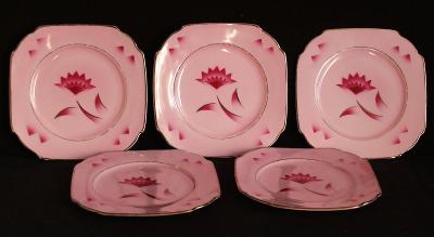 Art Deco talíře Gloria stříbrná linka růžový porcelán