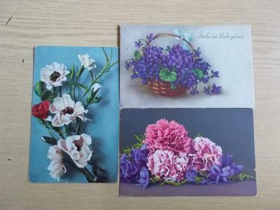 Svátek umělecká pohlednice přání žánr květy fialky karafiáty