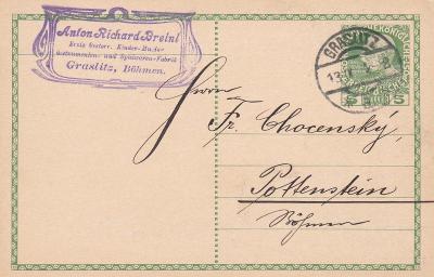 Rakousko, Kraslice 1912, firma (Sokolov) - Potštejn (Rychnov n. K.)