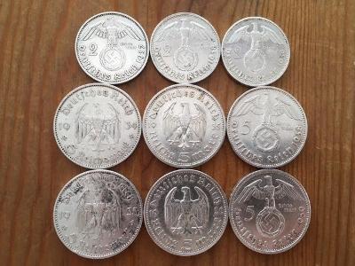 9 kusů stříbrných Německých 2 a 5 marek 1934 až 1939, každá mince jiná