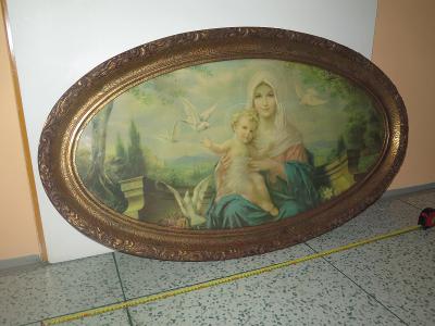 VELMI STARÝ zdobený dřevěný,  125 x 70 cm ,Panna Maria a Ježišek