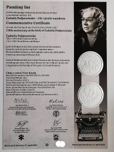 Pamětní list 10€/2022 - Ľudmila Podjavorinská - 150.výročie narodenia