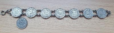 Krásný stříbrný náramek z mincí 1/2 fr Švýcarsko 1960 Top stv