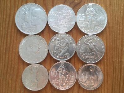 9 kusů stříbrných 10, 25, 50 a 100 Kčs ČSSR, každá mince jiná