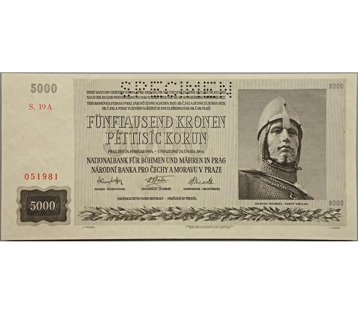 5.000 K 1944, série 19 A, perforovaná (SPECIMEN nahoře) - Bankovky